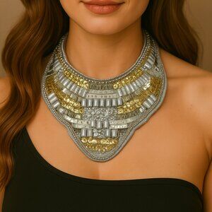 Gold and Silver Beaded Bib Necklace Statement Jewelry Boho Chic OS